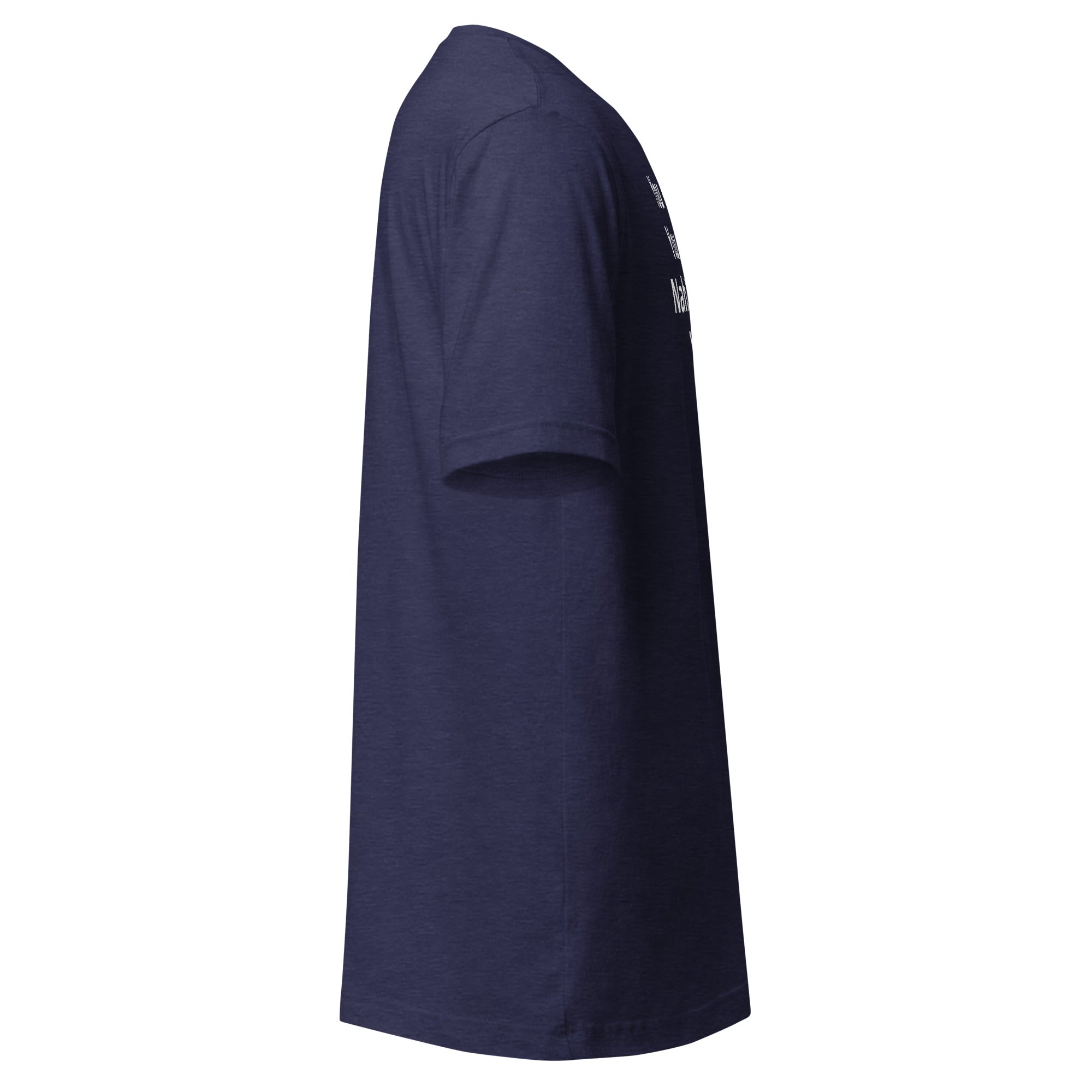 Side view of a comfortable and stylish Unisex t-shirt in navy color, made of soft cotton fabric.