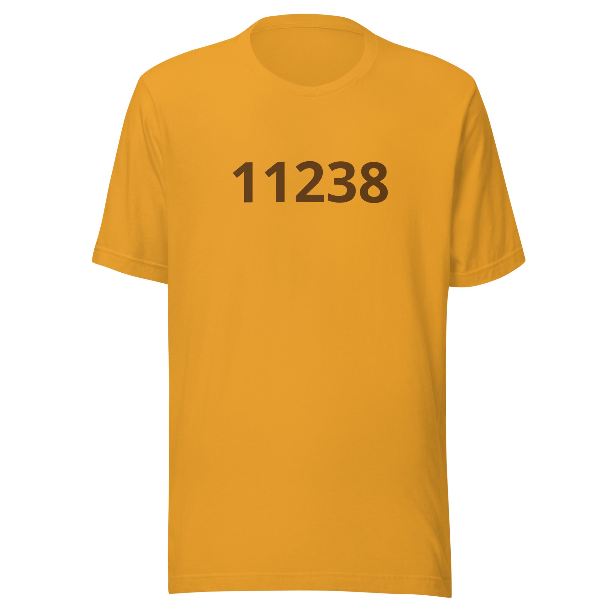 Unisex t-shirt in vibrant yellow featuring the number 11238 on the front, showcasing a comfortable and stylish design.