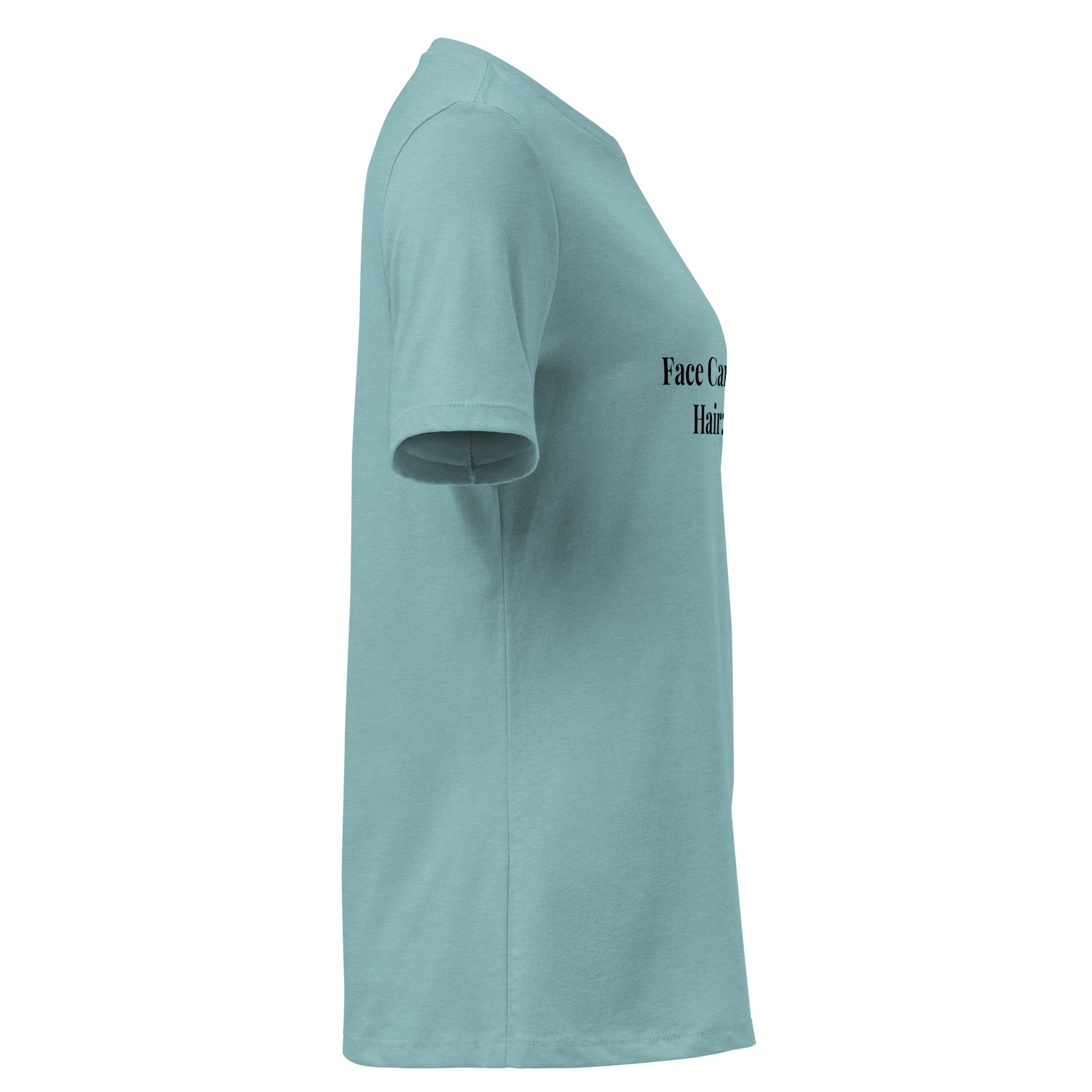 Women's Premium Relaxed Fit Cotton T-Shirt in a soft blue color, showcasing a side view with printed text.